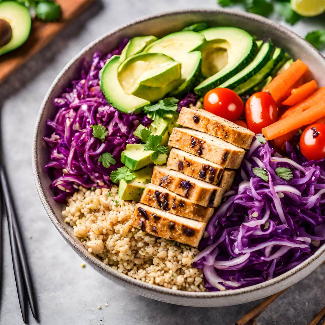 A colourful bowl that represents plant-based eating, with grilled tofu, avocado slices, red cabbage, carrots, cucumber, quinoa, and fresh parsley.