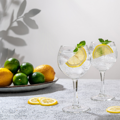 Two elegant glasses of sparkling water garnished with lemon slices and mint leaves, set against a light background with fresh lemons and limes on a plate nearby, symbolising refreshing and healthy drink choices.