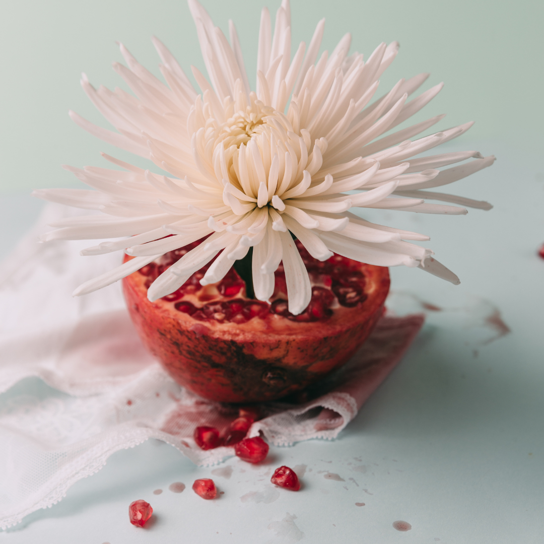 A fresh pomegranate bowl with a white flower, symbolising renewal and vitality during perimenopause.